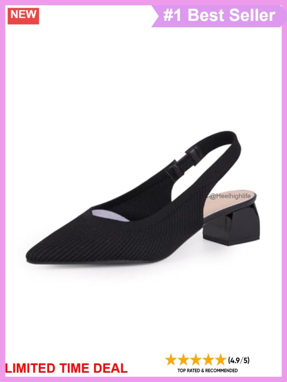 Knit Slingback Heels Pointed Toe Low Block Heel Work Pumps